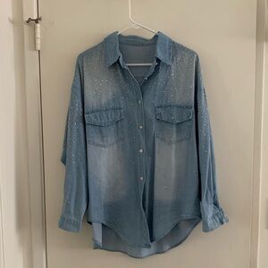 Blue Denim Button-Up Shirt with Rhinestones Y2K